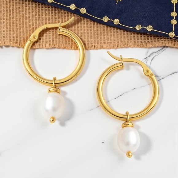 🆕️Minimalist Hoop Earrings 18K Gold Plated Stainless Steel Freshwater Pearl - Picture 8 of 14